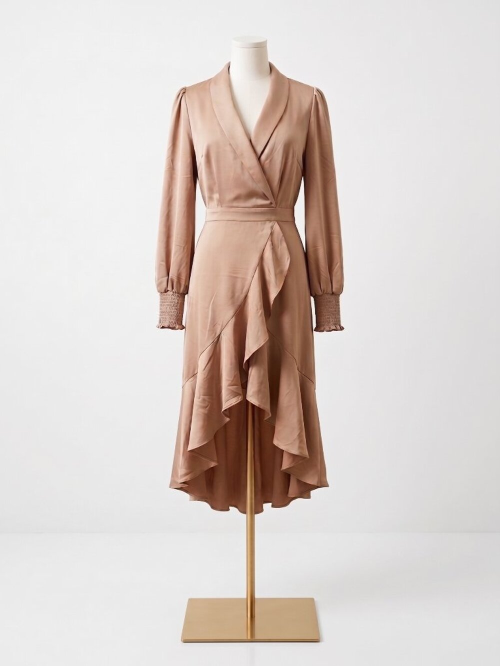 NWT Rachel Parcell Champagne Gold Satin Shawl Wrap Ruffle High Low Midi Dress L